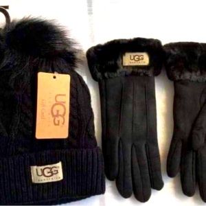 UGG Beanies And Gloves Cable Knit Set With Fleece Lined And PomPom